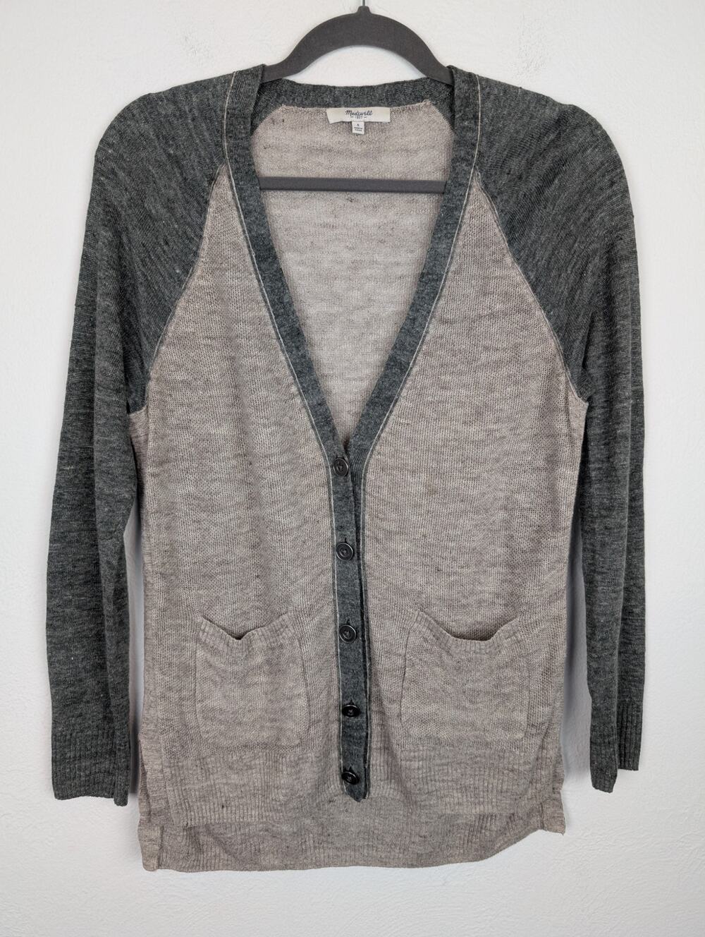 Madewell Cardigan Sweater Linen Academia Preppy Neutral Beige Gray Size S